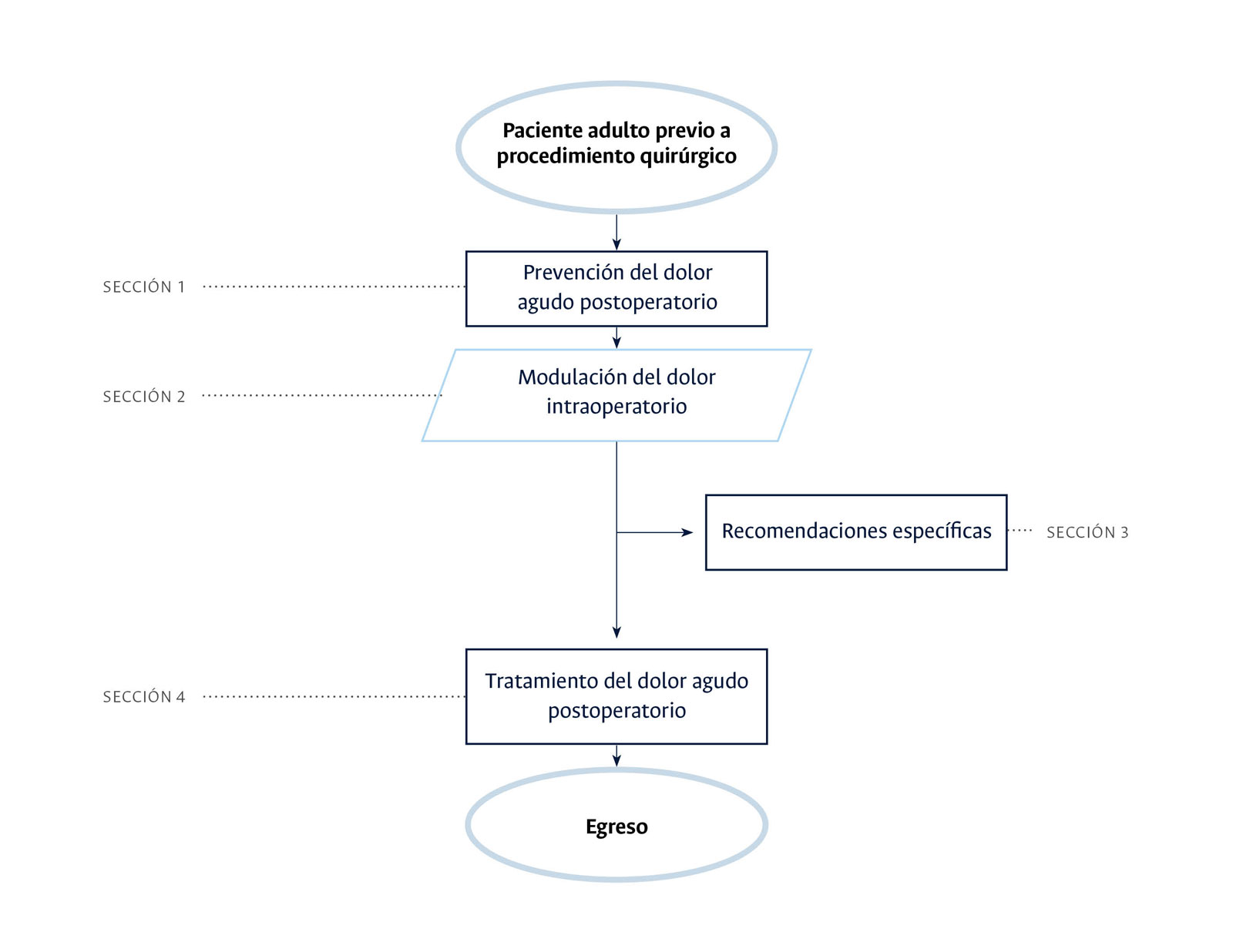 Diagrama de secciones del ecbe de dolor agudo postoperatorio